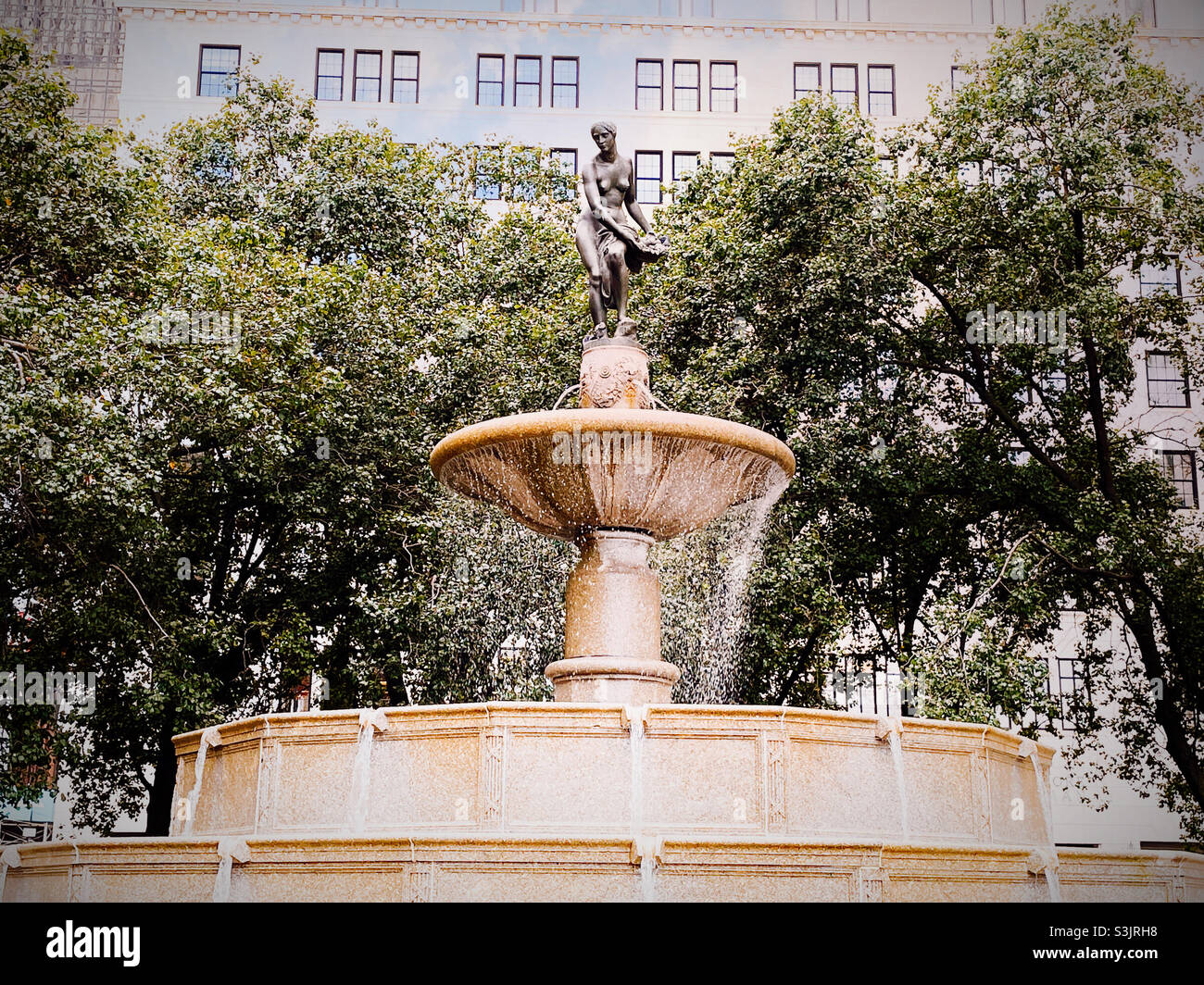 The Pulitzer fountain is located in the grand Army Plaza across from the plaza hotel, 2021, New York City, United States - Smartphone Captured Stock Image