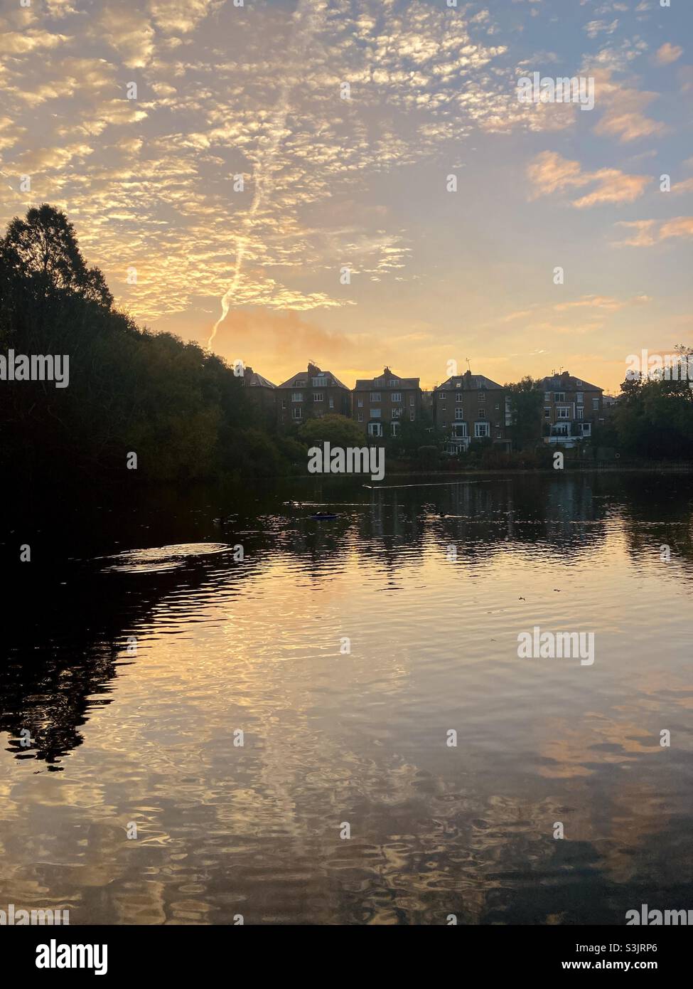 Beautiful sunrise at pond on Hampstead Heath, London, with reflections in the water. UK Weather. Stock Photo