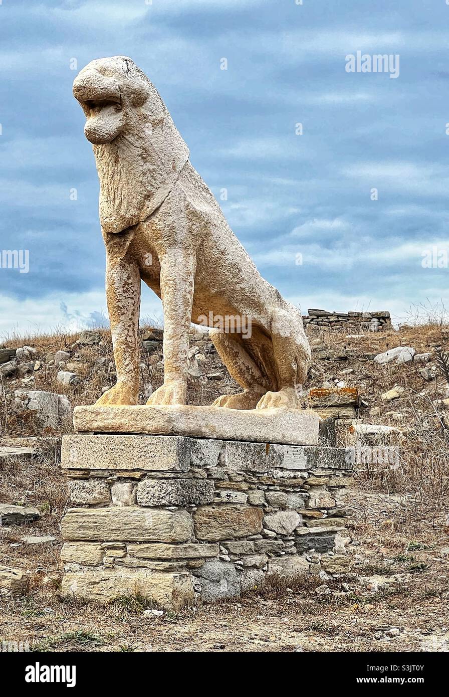 Lion Statue which is part of The terrace Of Lions on Delos Island in Greece Stock Photo