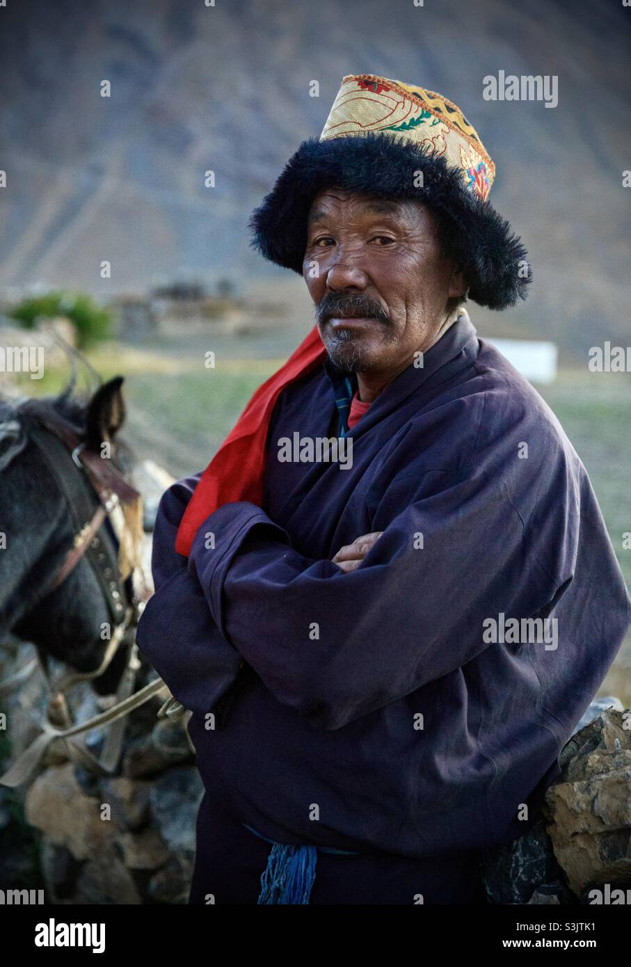 Himalayan horse rider in traditional outfits, Himachal Pradesh, India - Smartphone Captured Stock Image