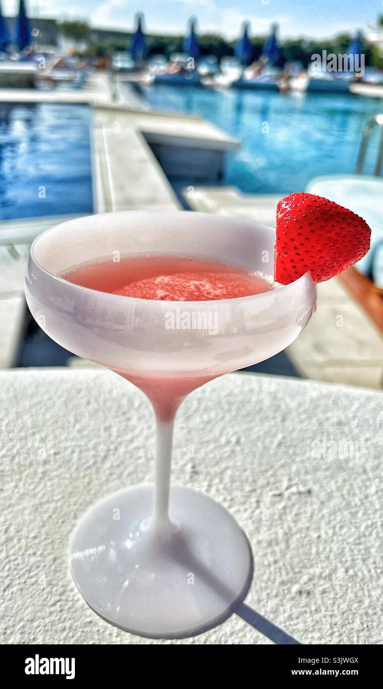 Strawberry Daiquiri by the poolside in Mykonos Greece Stock Photo