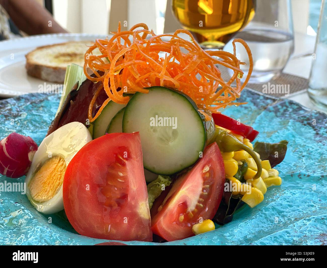 Tomato, cucumber, carrot and egg salad on a blue plate Stock Photo