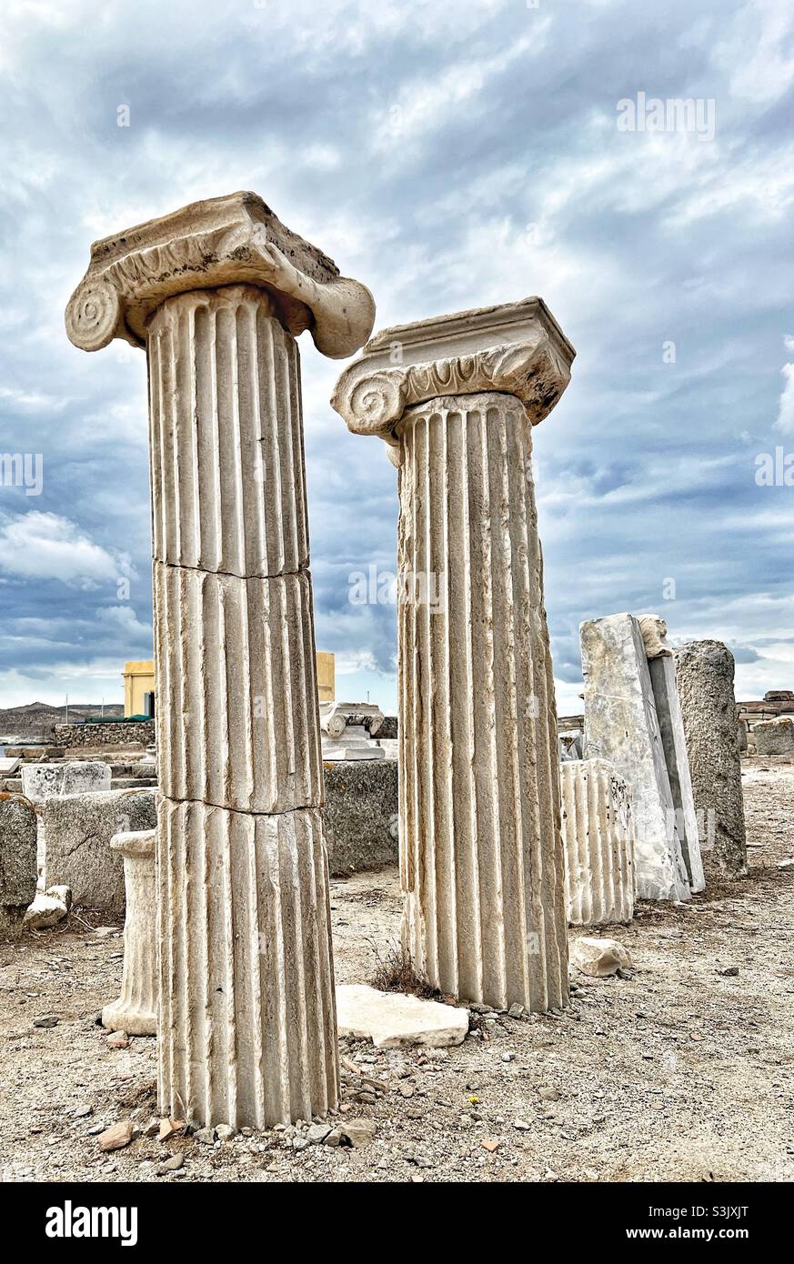 Stone Columns at the Archaeological site on Delos Island in Greece Stock Photo