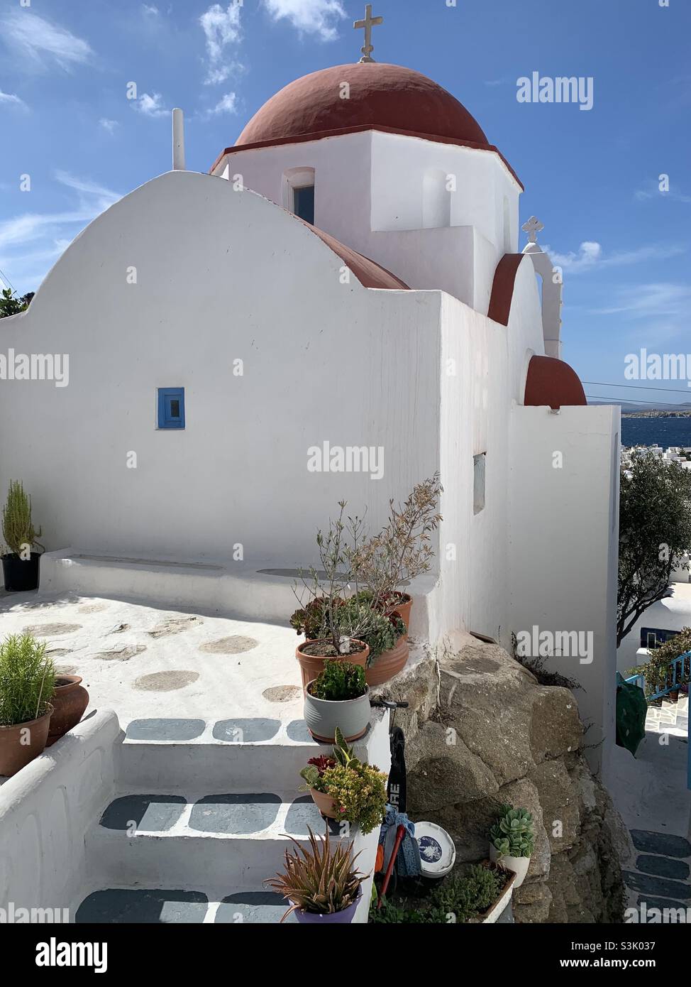 White Church with red roof in Mykonos - Smartphone Captured Stock Image