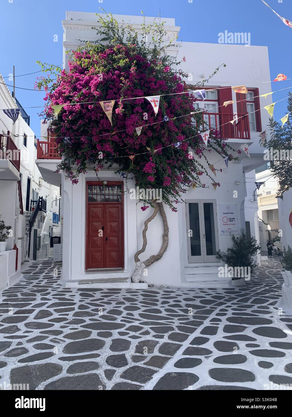 View of street in Mykonos with bougainvillea Stock Photo - Alamy