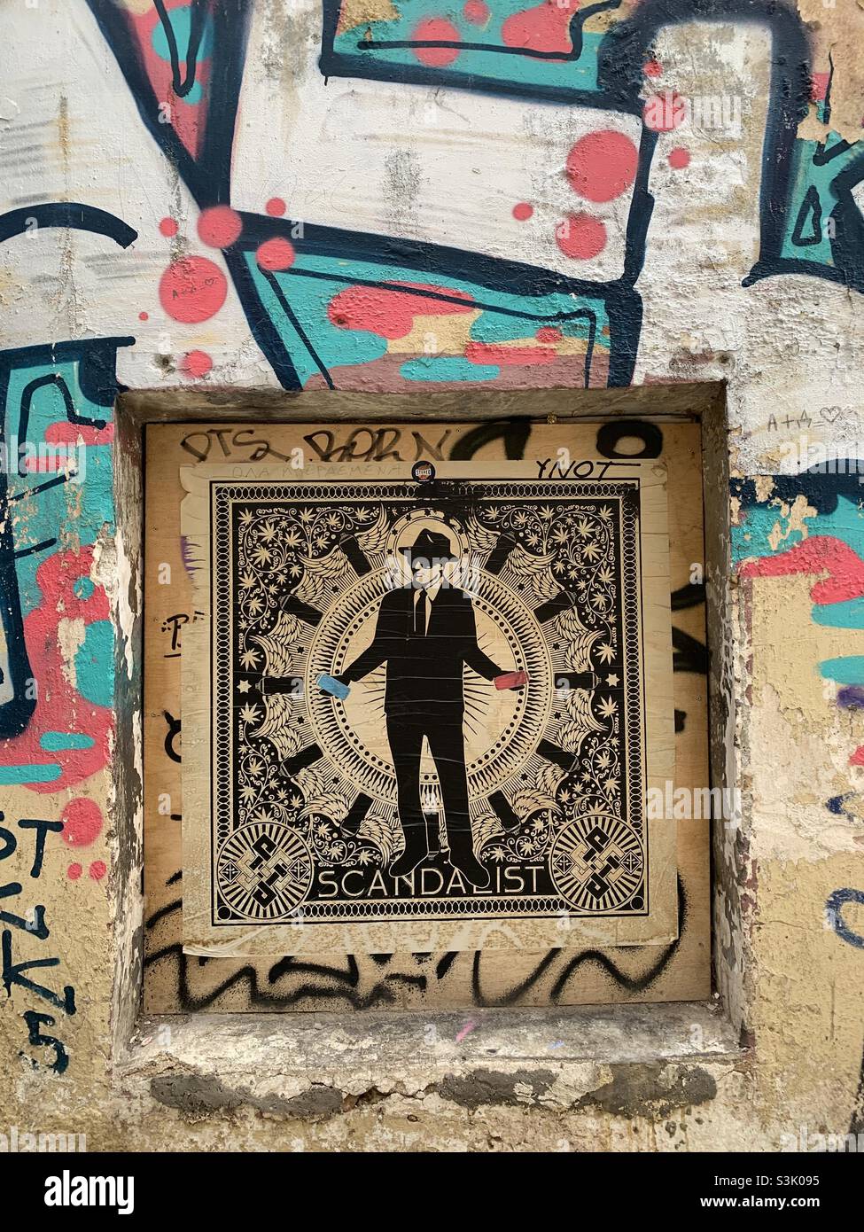Street art graphic design in Athens anafiotika Greece - Smartphone Captured Stock Image