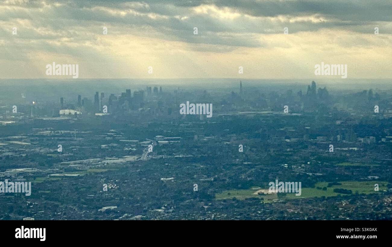 London city skyline by helicopter - Smartphone Captured Stock Image
