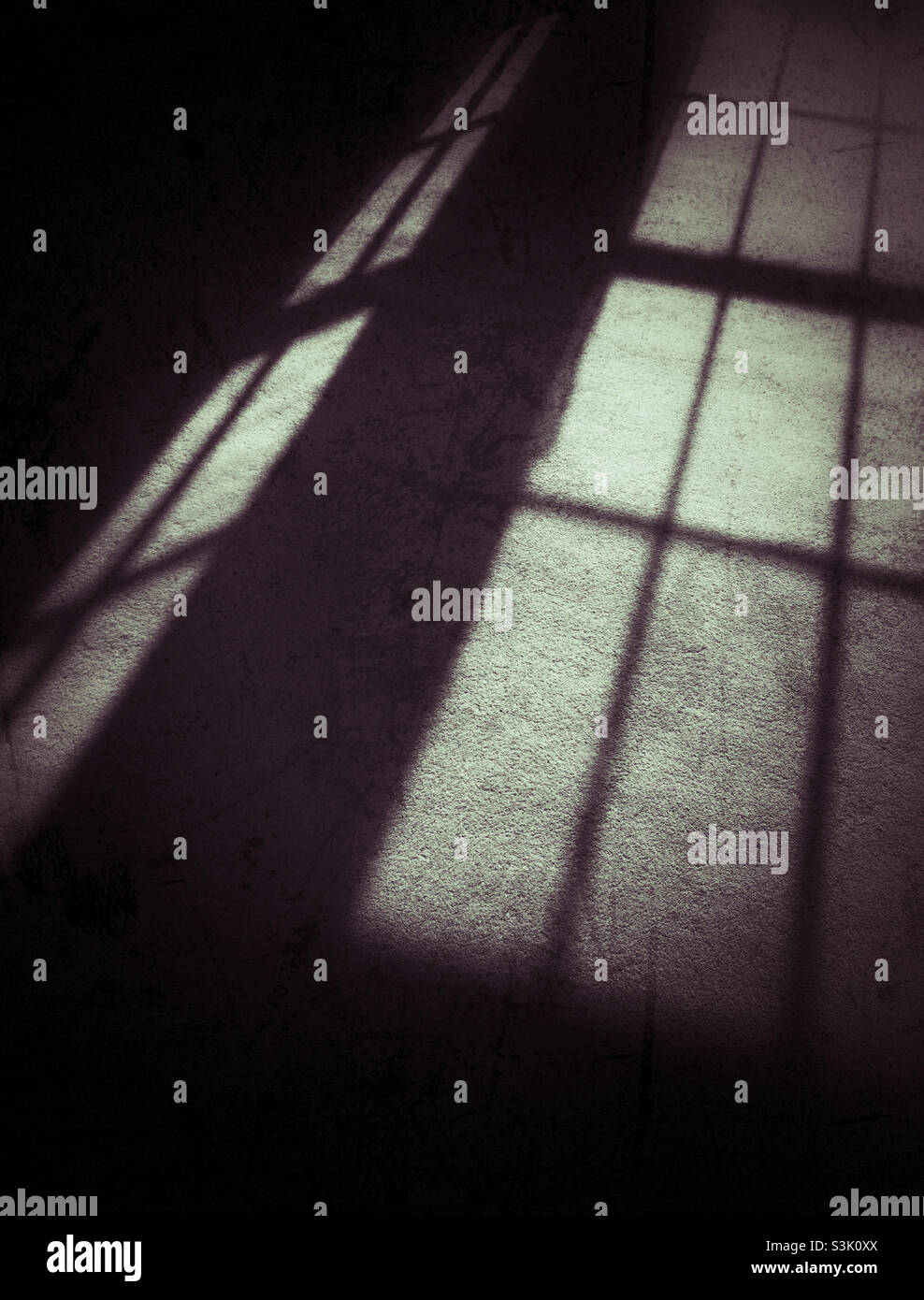 The dark shadows of an elegant window frame cast against a floor - Smartphone Captured Stock Image