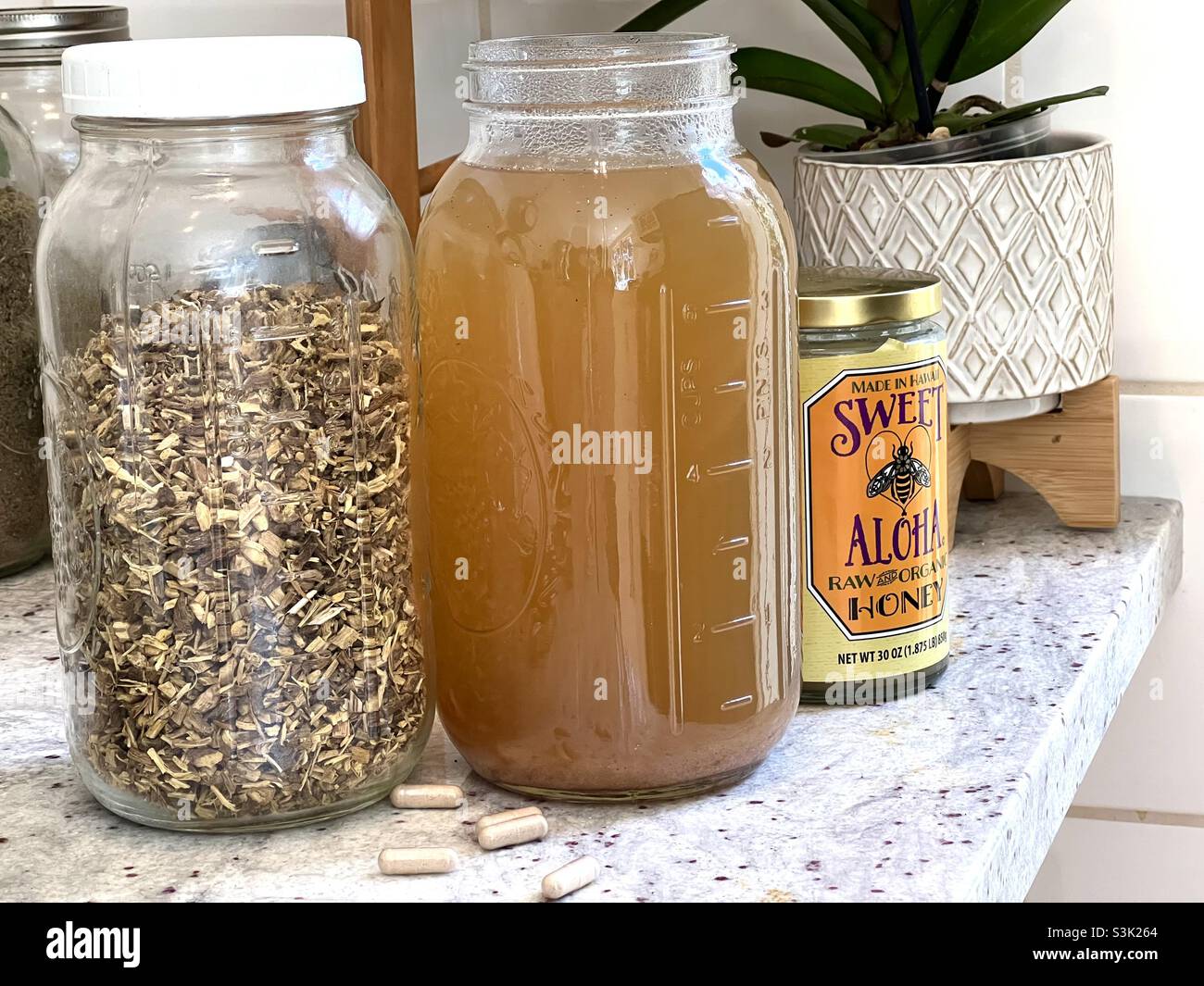 Herbal remedy, mullein, honey, licorice root for sore throat‘s Stock