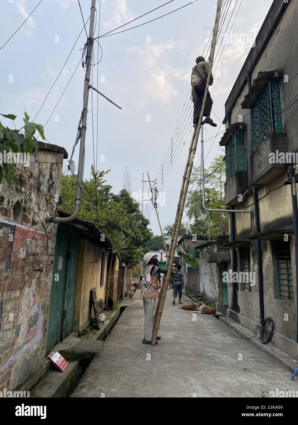 Electricial line maintenance and repairing in street of a suburb area - Smartphone Captured Stock Image