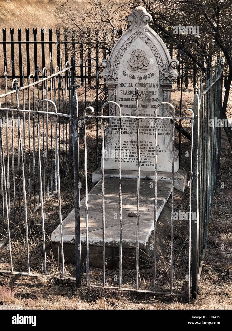 An 1800’s gravestone on an old farm in South Africa belonging to the Erasmus family - Smartphone Captured Stock Image