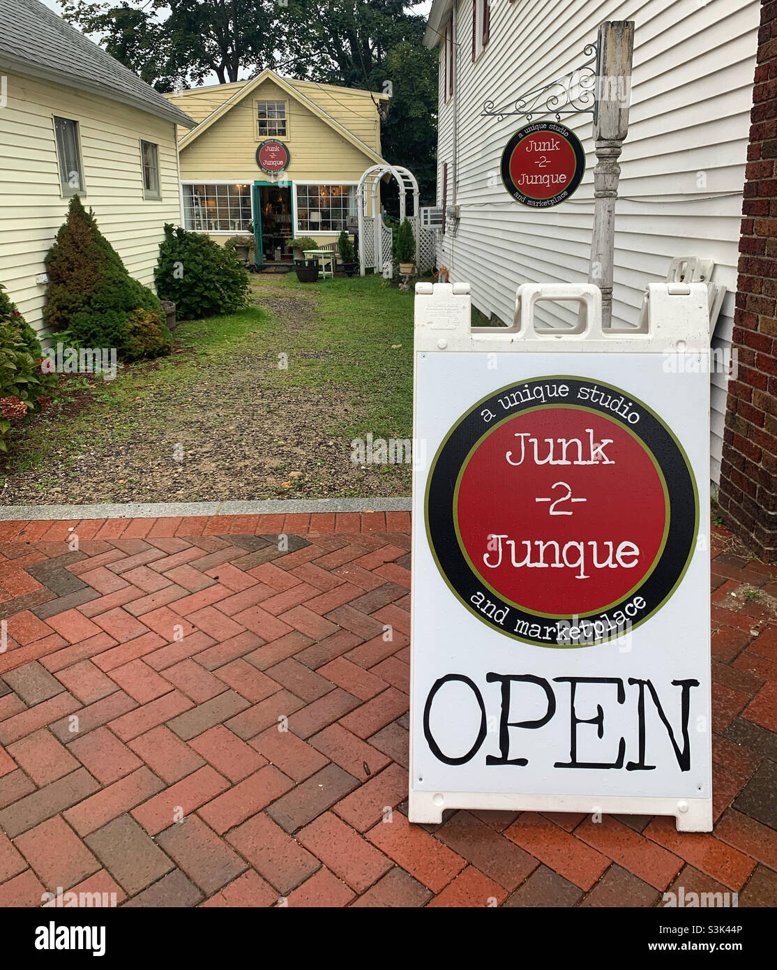 Sign for Junk to Junque : a unique studio and marketplace, Madison, New Haven County, Connecticut, United States - Smartphone Captured Stock Image