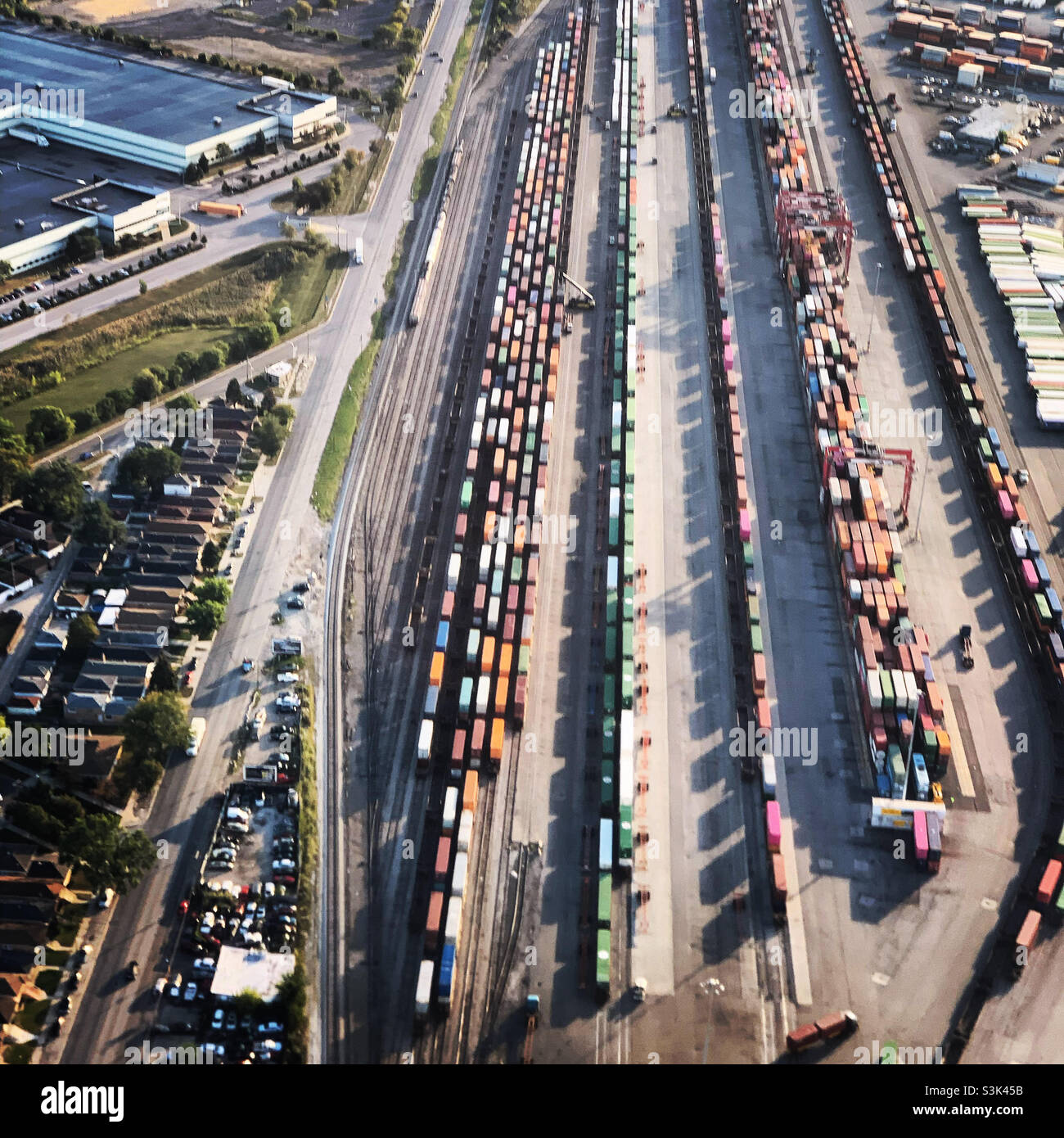 Aerial view of shipping containers seen while descending towards Chicago, Illinois, United States - Smartphone Captured Stock Image