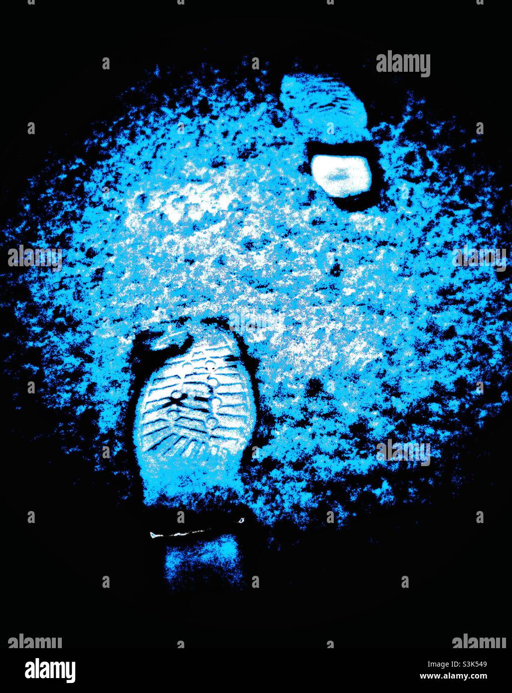 Abstract blue footprints in the snow with a dark vignette - Smartphone Captured Stock Image