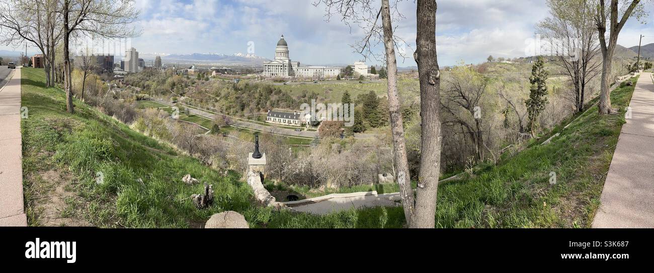 A panoramic view of Salt Lake City in the background and Memory Grove in the foreground. - Smartphone Captured Stock Image