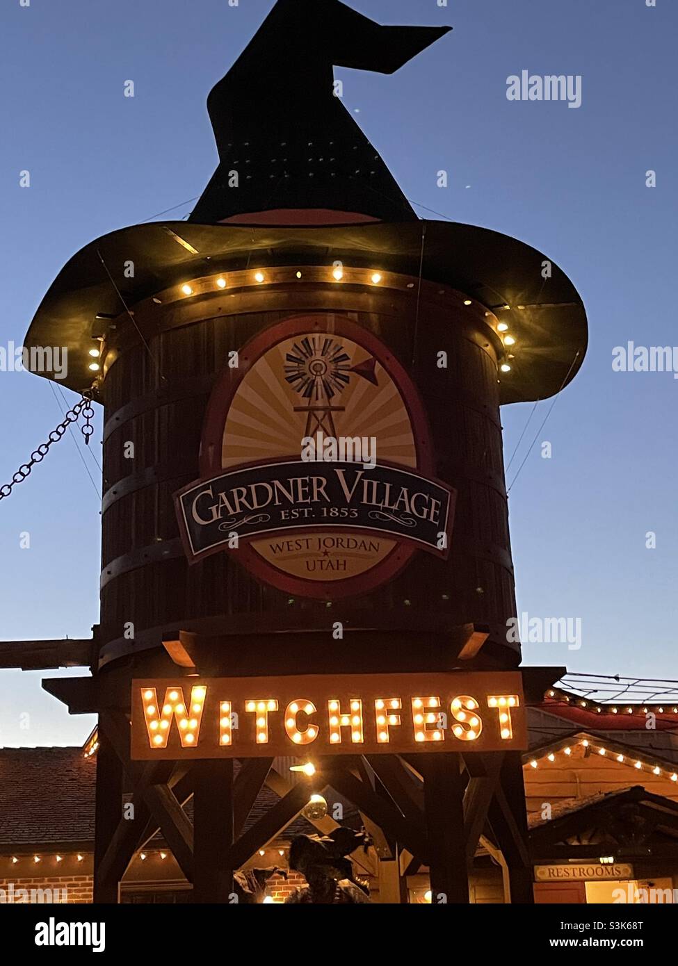 A giant witches hat sits atop an old and antique tower at Gardner Village’s “WitchFest” in the Salt Lake valley of Utah, USA. - Smartphone Captured Stock Image