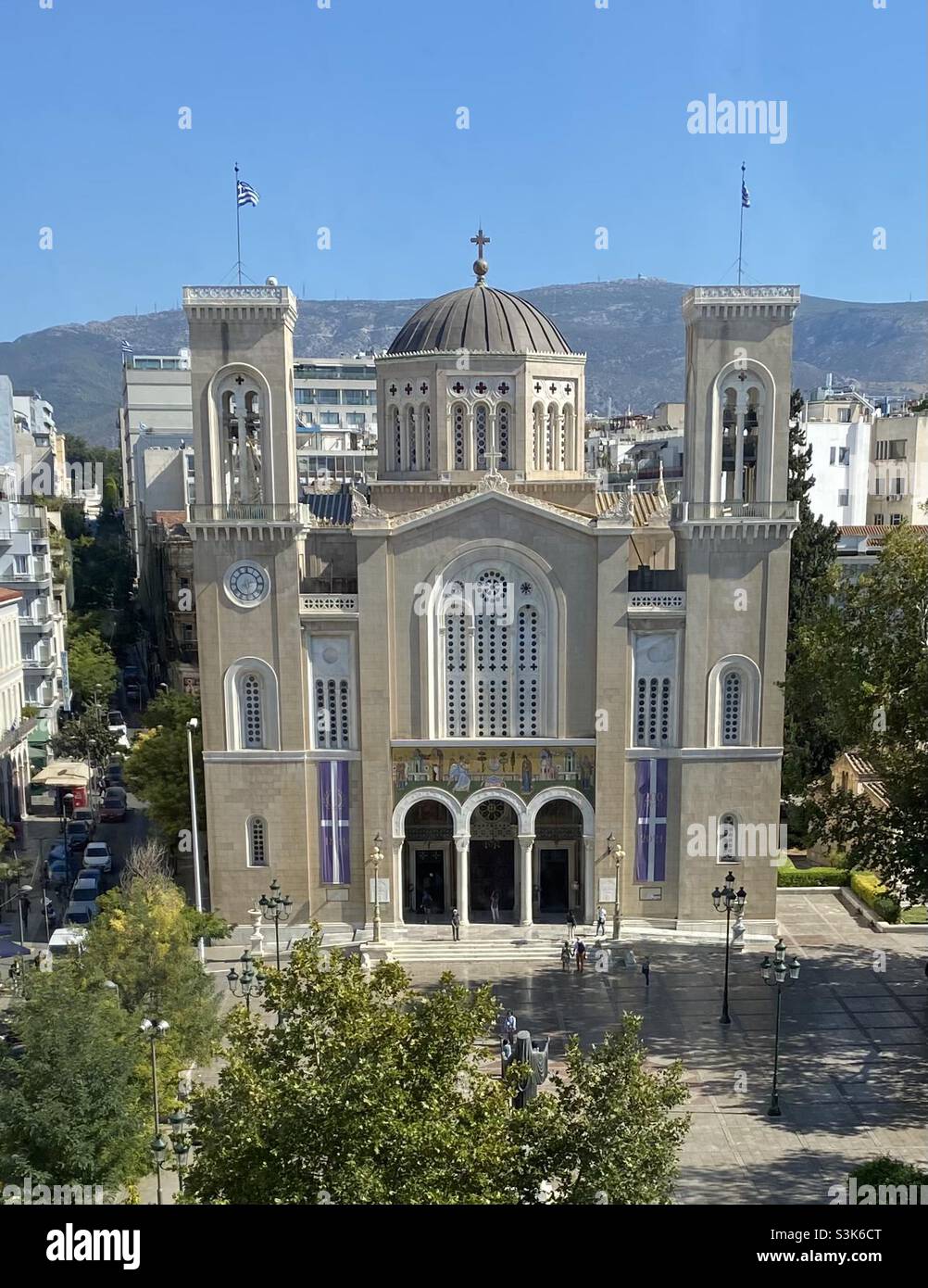 The Metropolitan Cathedral of the Annunciation (Metropolis) in Athens, Greece. Designed by Hansen, building started in 1842 using marble from demolished churches. The cathedral is an iconic building. Stock Photo