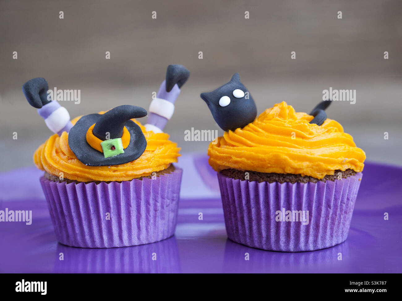 Witch and black cat Halloween cupcakes Stock Photo