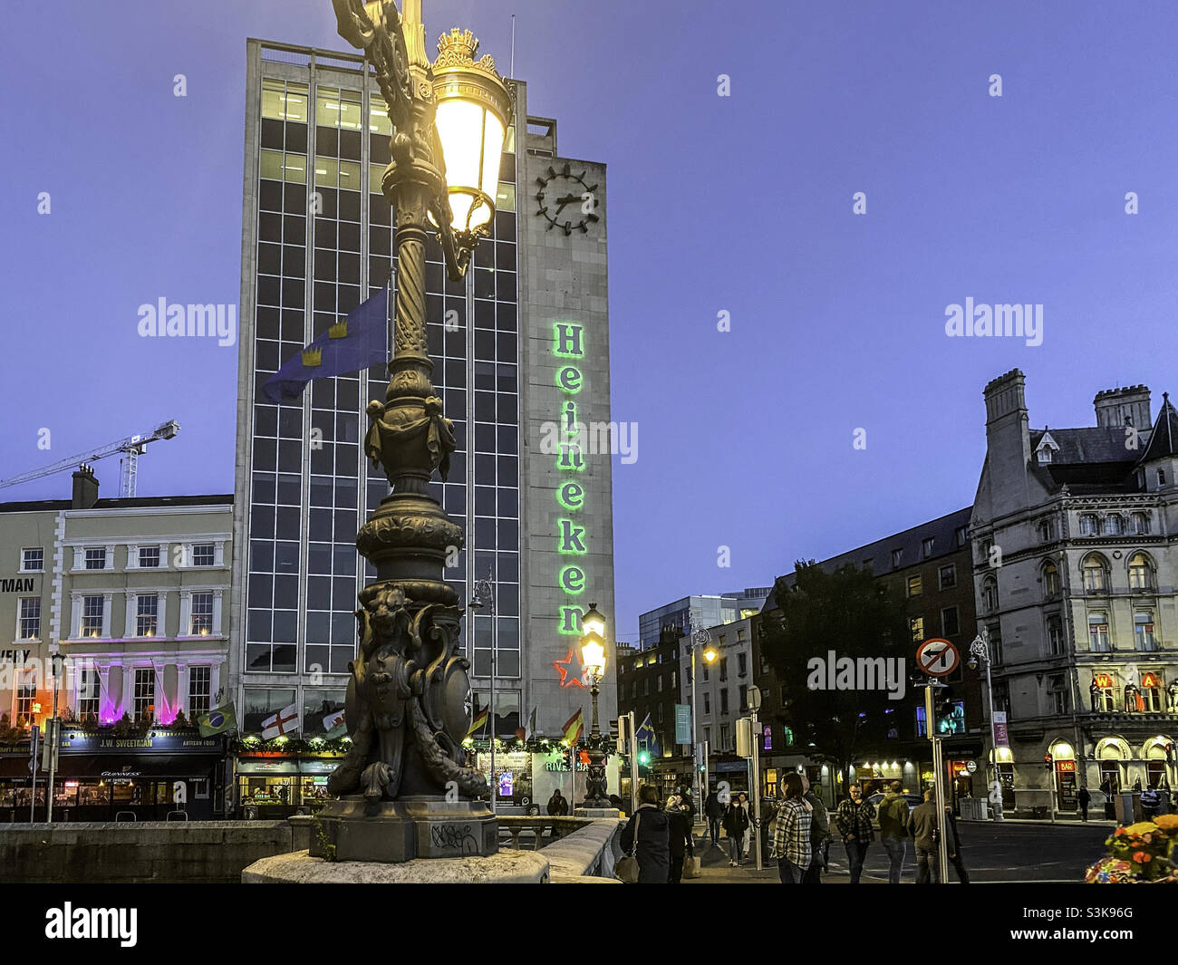 O’Connell Bridge in Dublin, Ireland with the O’Connell Bridge House in the background. It is also known as the Heineken Building. - Smartphone Captured Stock Image