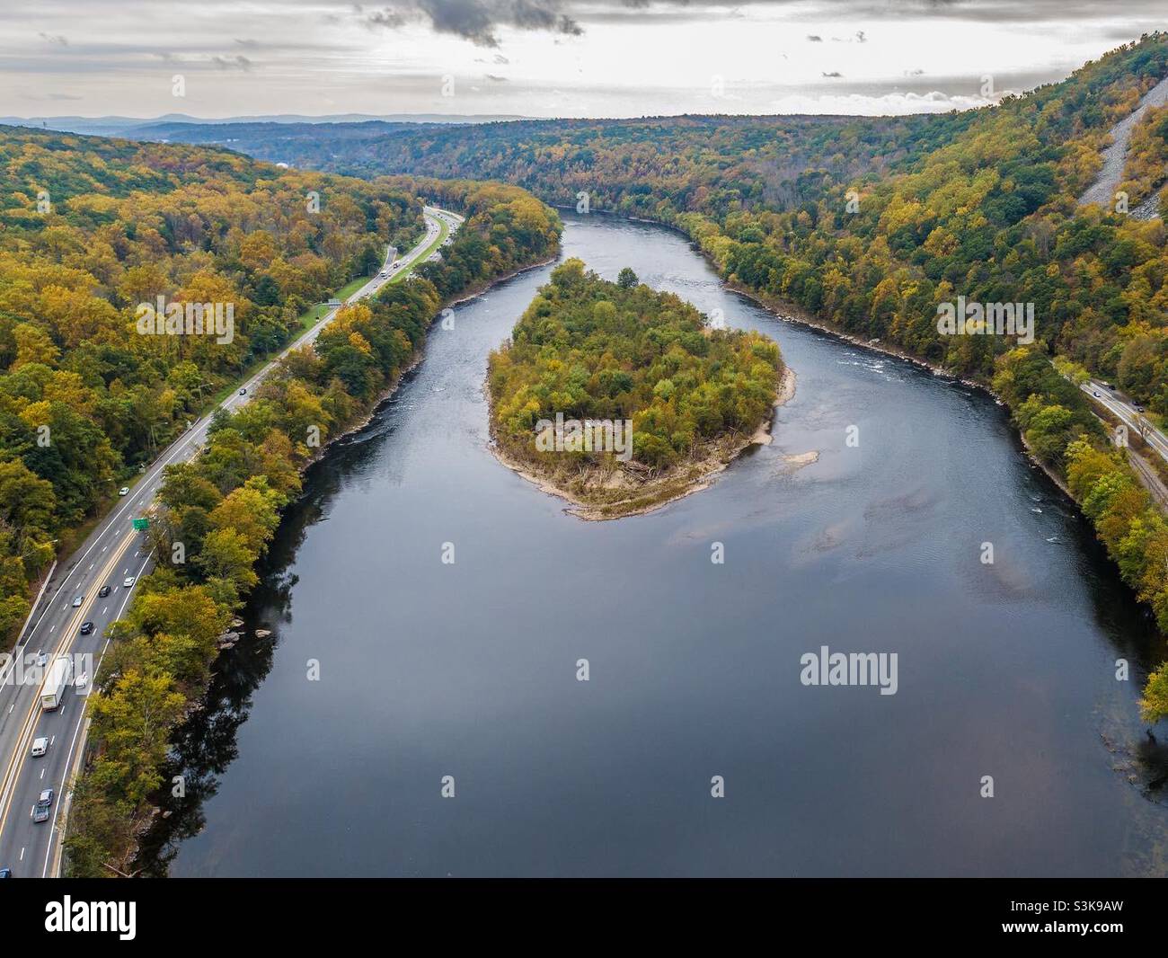 Arrow Island in the Delaware Water Gap with Fall Foliage Stock Photo