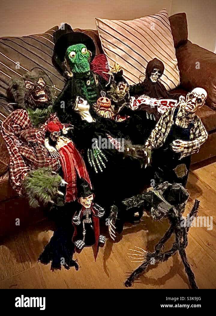 Halloween monster friends waiting to be put back in the loft for another year. - Smartphone Captured Stock Image