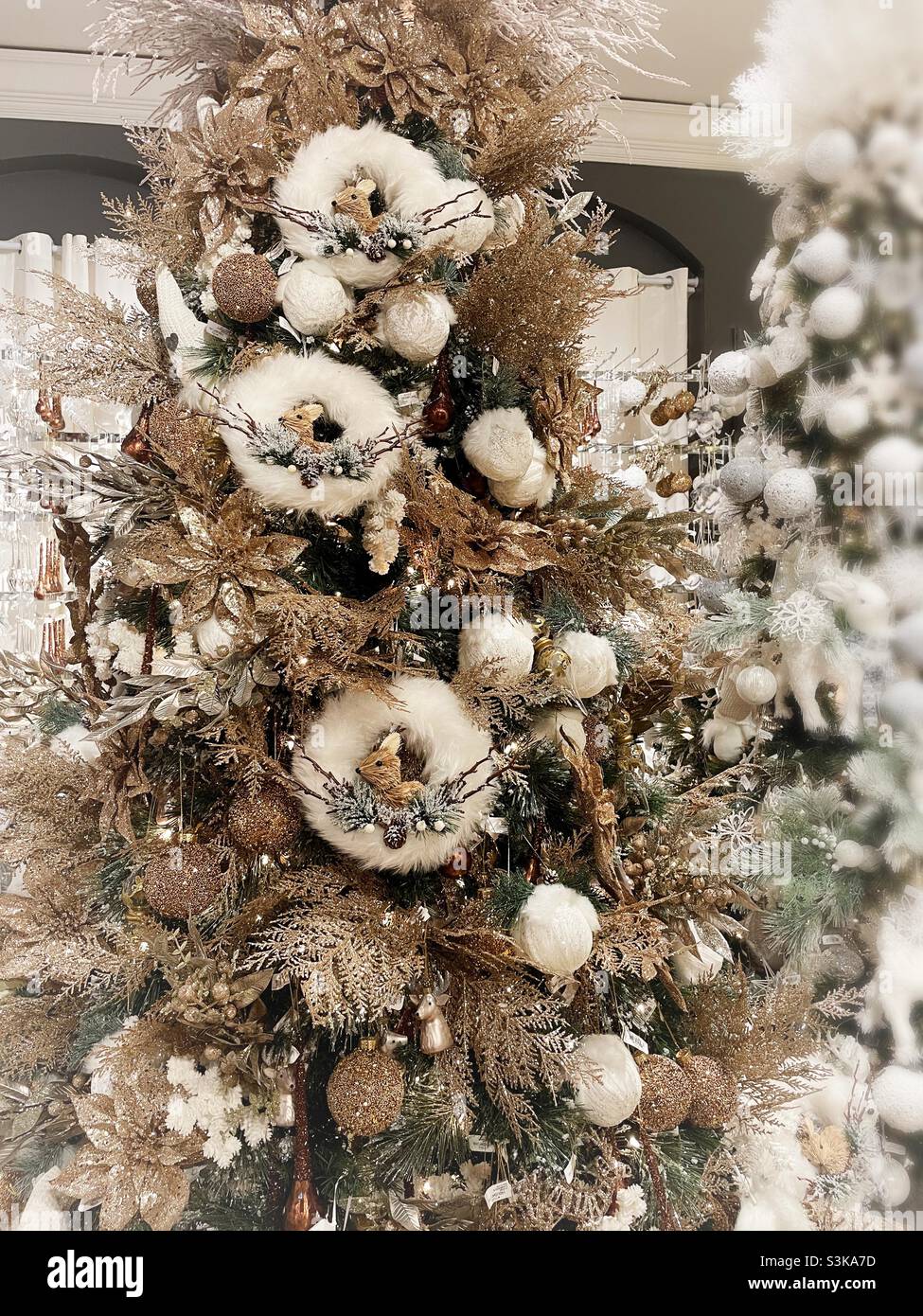 Snowy winter themed Christmas decorations at Macy’s flag ship store in