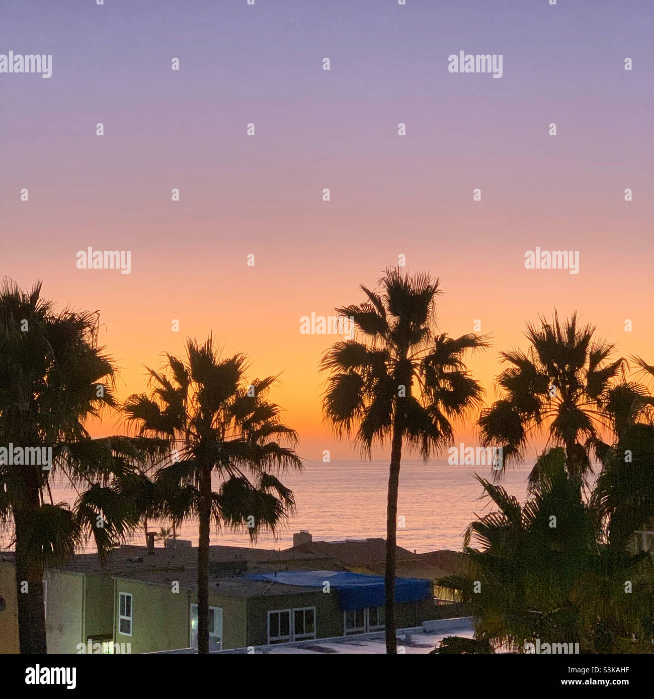 September, 2021, sunset view from the roof deck of the Springhill Suites San Diego Carlsbad, Carlsbad, San Diego County, California, United States, North America - Smartphone Captured Stock Image