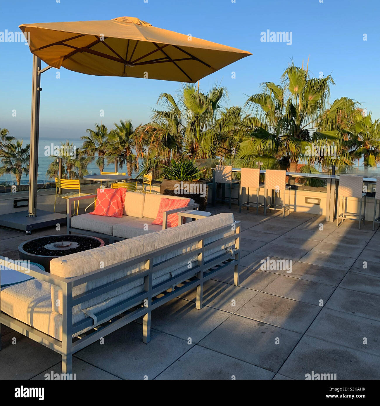 September, 2021, the roof deck of the Springhill Suites San Diego Carlsbad, Carlsbad, San Diego County, California, United States, North America - Smartphone Captured Stock Image