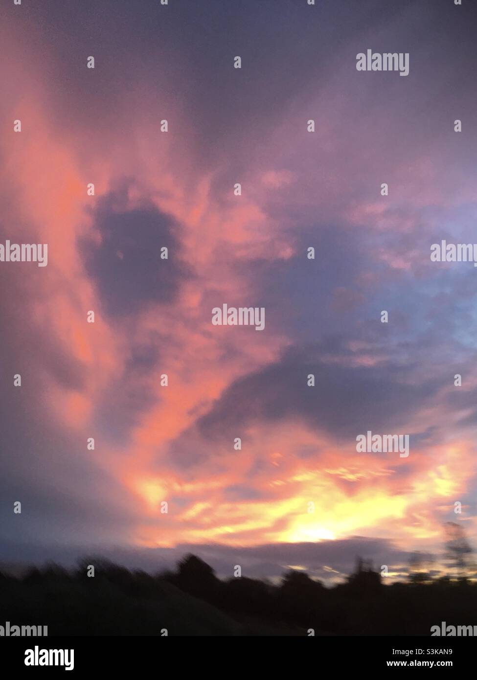 Sunrise, golden, fire, flame, awe, sky, land, nature, dramatic, trees - Smartphone Captured Stock Image