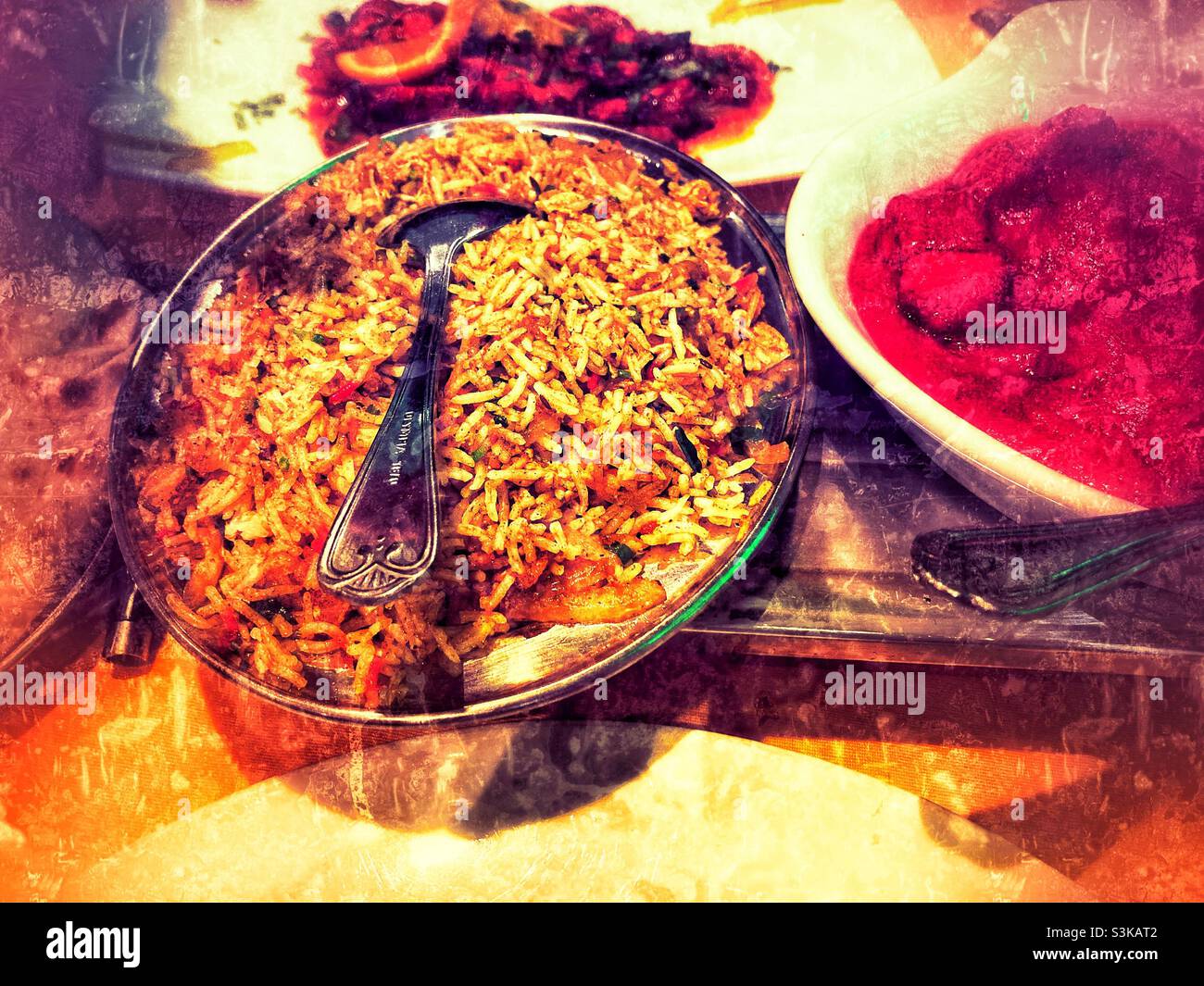 Indian curry night with egg fried rice, naan bread and chicken tikka