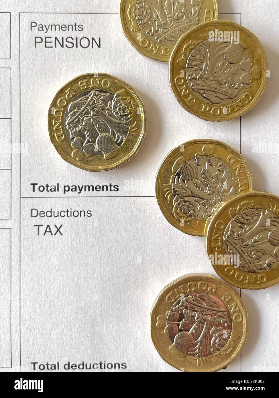 One pound coins on top of an anonymous pension payment slip. Stock Photo