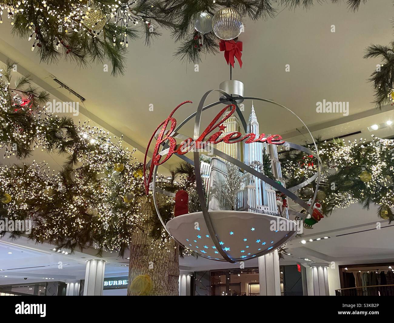 Holiday decorations on the main floor of Macy’s flagship department store in Herald Square, 2021, NYC, USA - Smartphone Captured Stock Image