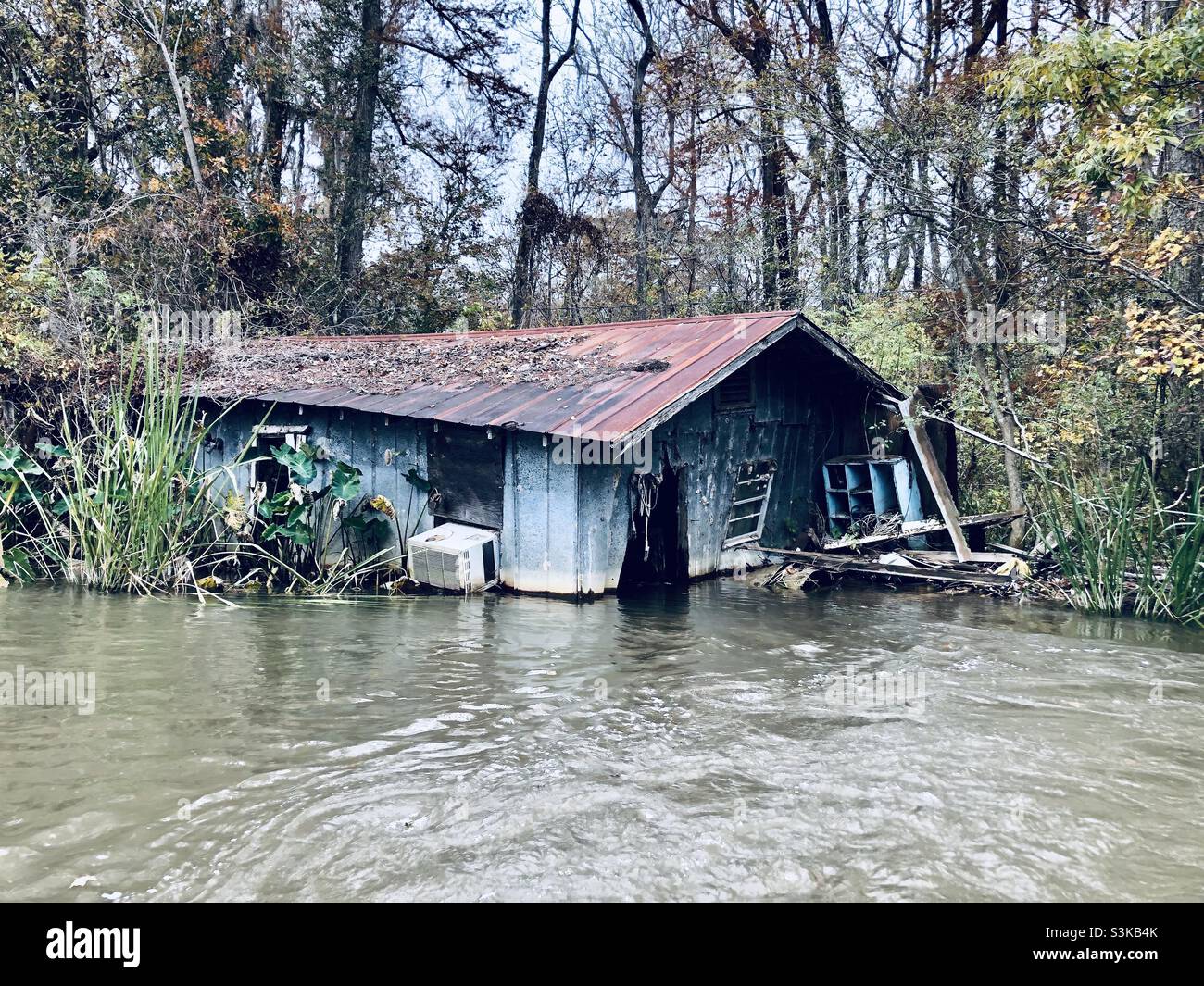 A dilapidated house on the banks of a swamp in Louisiana USA - Smartphone Captured Stock Image