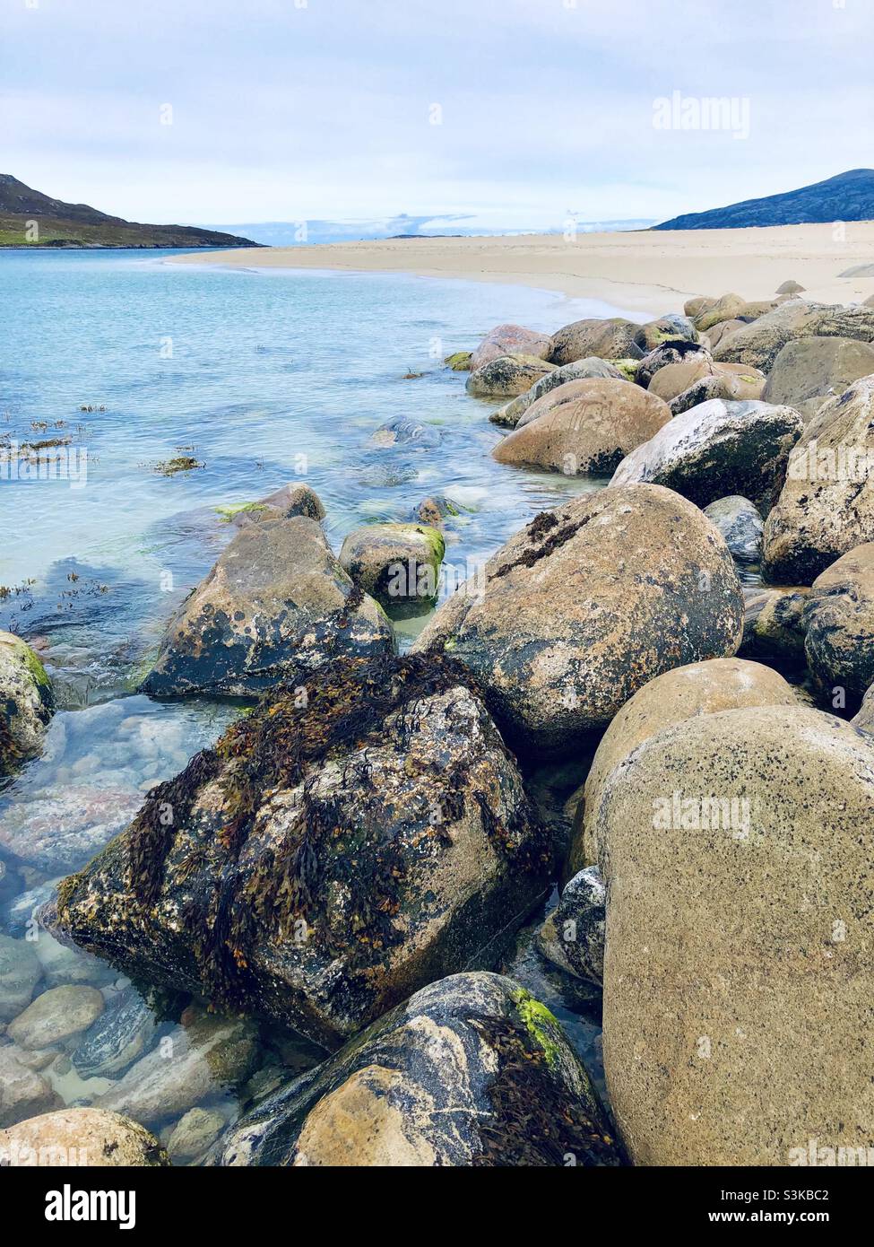 A beautiful beach on Harris island in the outer Hebrides in Scotland - Smartphone Captured Stock Image