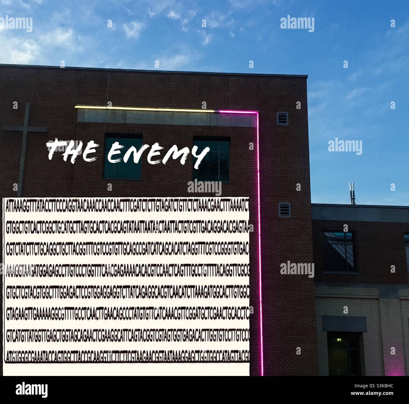 Genetic code of SARS-COV-2 virus, which causes Covid-19, projected onto a building to raise awareness about the virus, promote safe precautions and vaccinations, Ontario, Canada. Unusual display. Crea - Smartphone Captured Stock Image