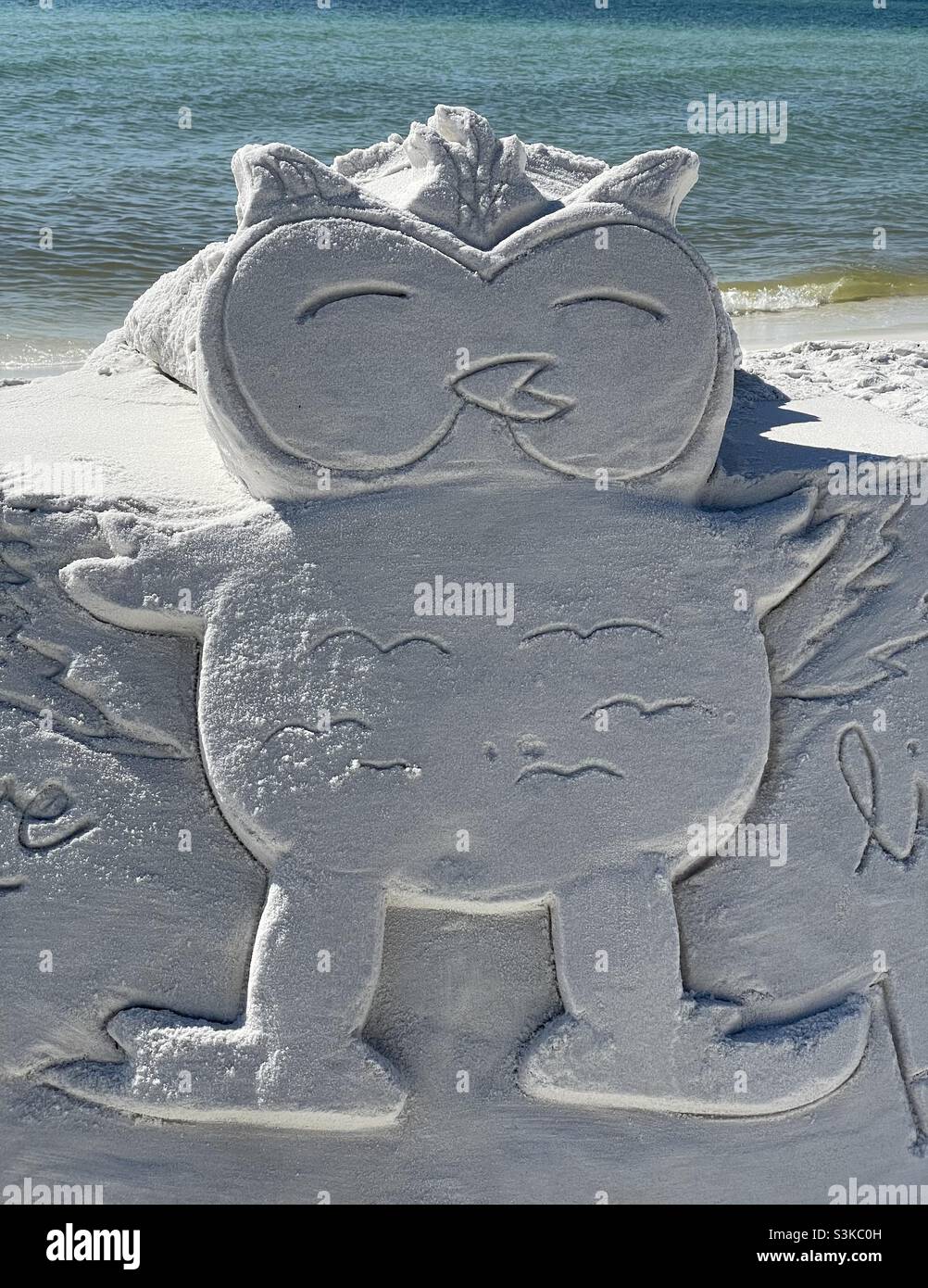 Closeup of an owl design on white sand beach - Smartphone Captured Stock Image
