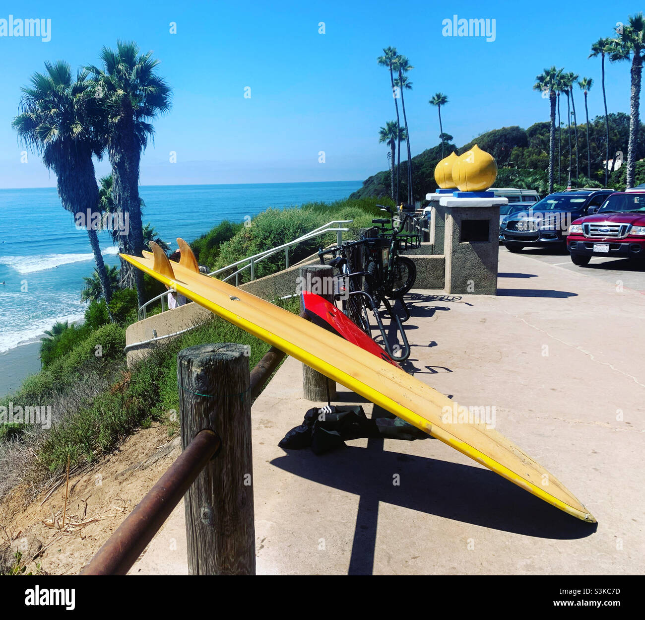 September, 2021, Surfboard, Swami’s Beach, Encinitas, San Diego County, California, United States, North America - Smartphone Captured Stock Image