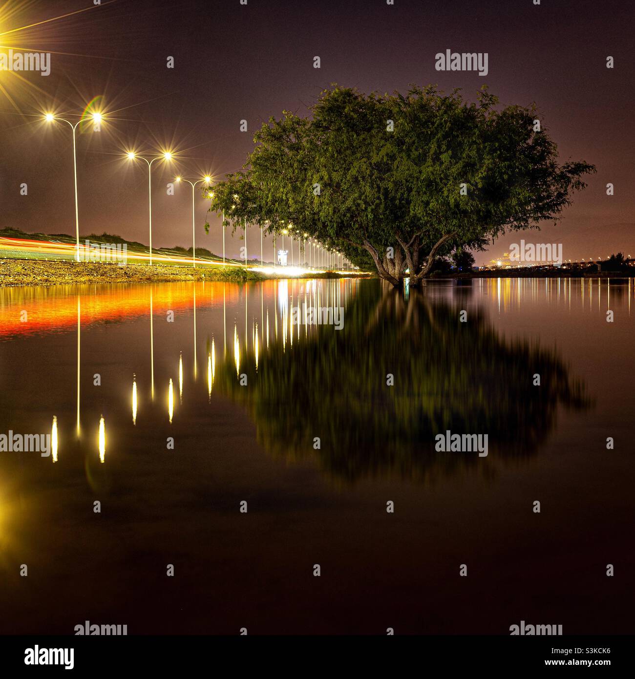 Landscape:Opposite side attracts with the quietness of the darkness on waterside and the busy lit road - Smartphone Captured Stock Image