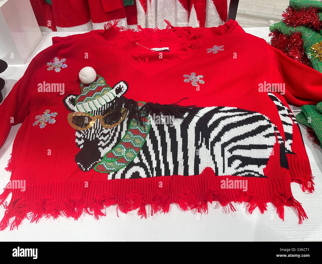 Holiday Display of an ugly sweater with a reclining zebra, USA, 2021 - Smartphone Captured Stock Image