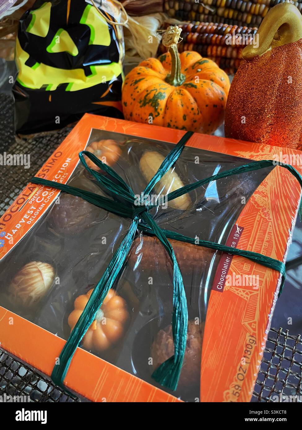 Close-up of the autumn display of fall harvest Belgian chocolates and a pumpkin, 2021, USA - Smartphone Captured Stock Image