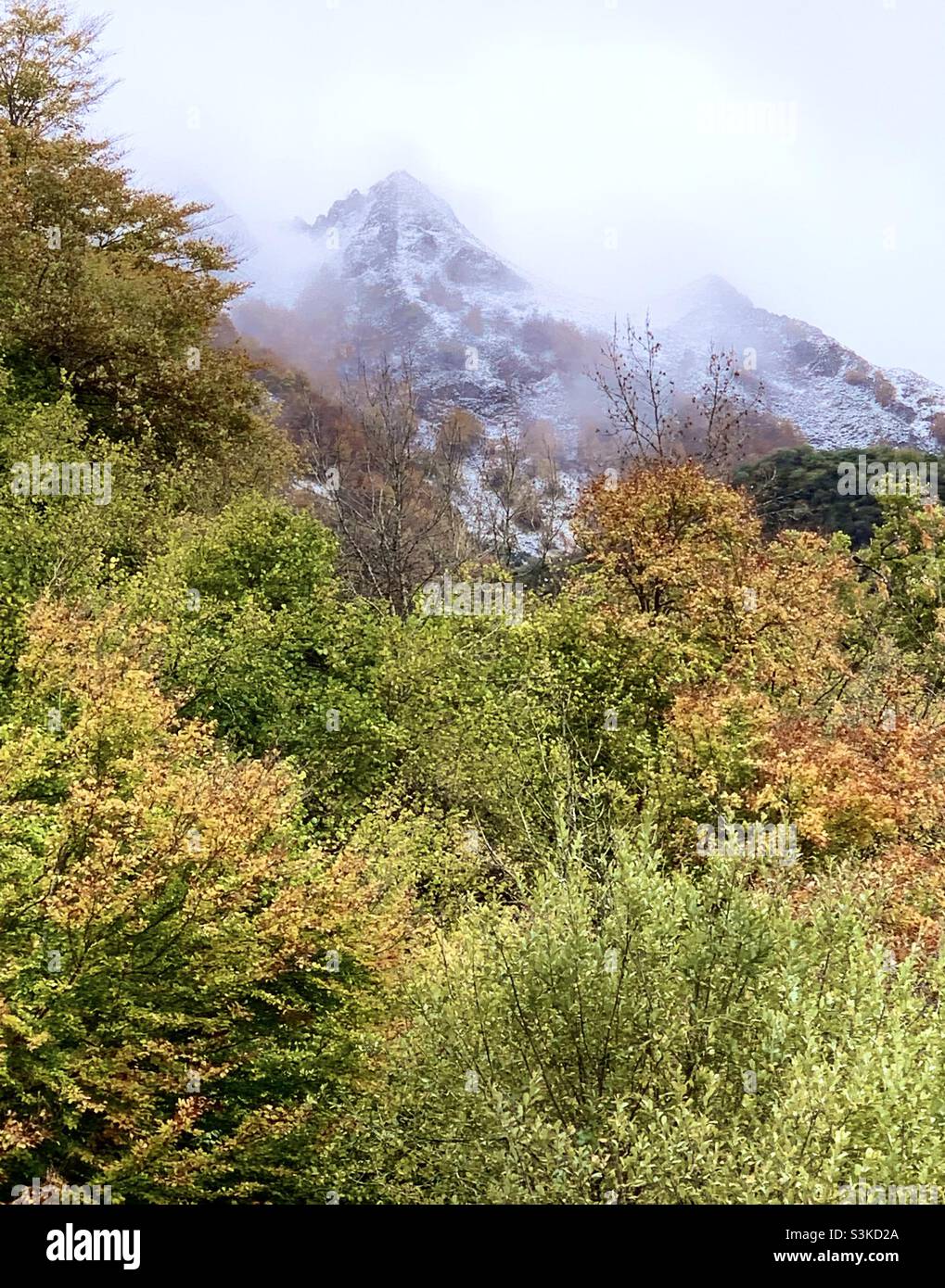 Autumn and first snow in The Asturias Mountains, Somiedo Natural Park, Spain - Smartphone Captured Stock Image