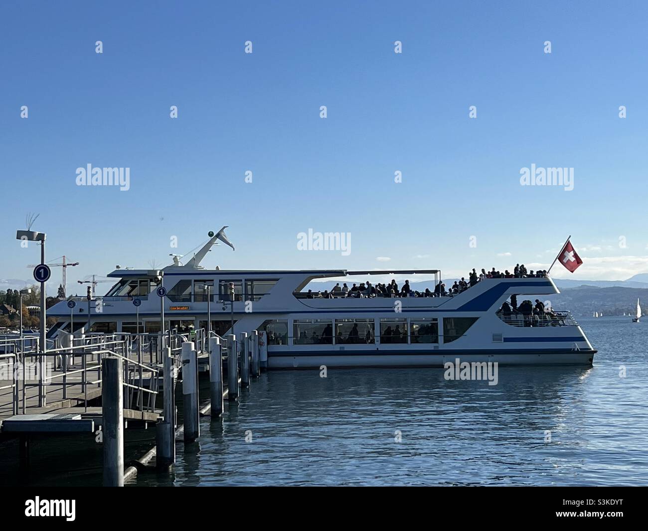 Cruise ship on Lake Zürich in Switzerland. Tghe ship is moored to the