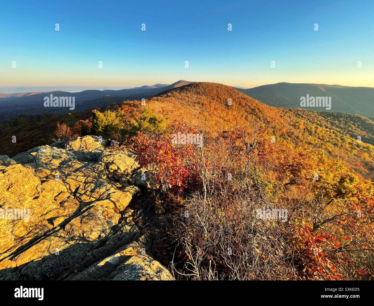 Sunrise along the Appalachian mountains in Virginia during peak fall foliage. Stock Photo