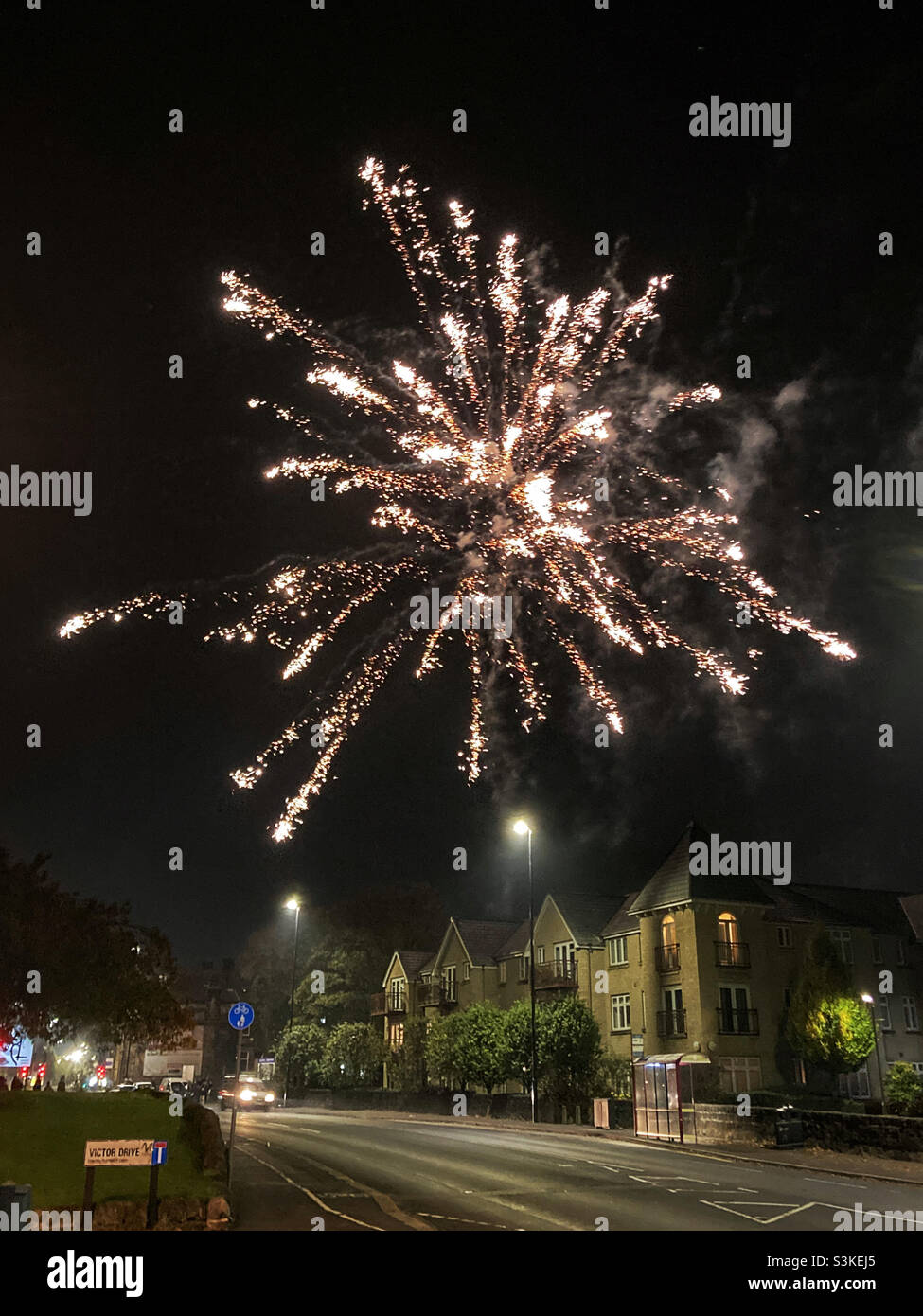 Fireworks over Guiseley West Yorkshire on Bonfire night - Smartphone Captured Stock Image