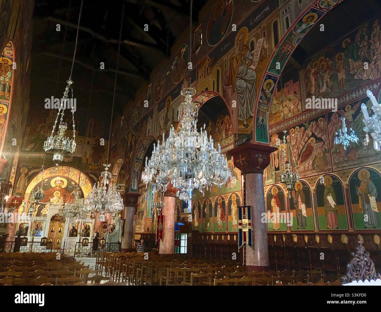 Interior of the Church of the Annunciation of Virgin Mary in the Mandraki harbor in Rhodes, Greece. - Smartphone Captured Stock Image