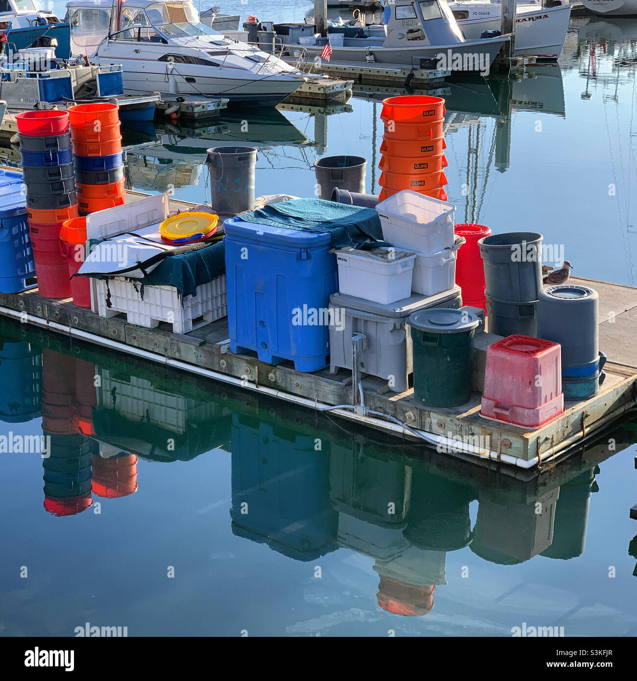 Plastic containers, Oceanside Harbor, Oceanside, San Diego County, California, United States, North America - Smartphone Captured Stock Image