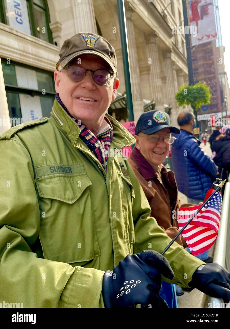 Army veterans viewing the Veterans Day Parade in New York City Stock Photo
