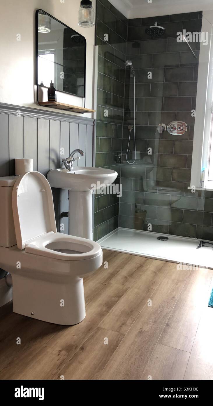 Newly designed bathroom with walk in shower and panelled walls - Smartphone Captured Stock Image