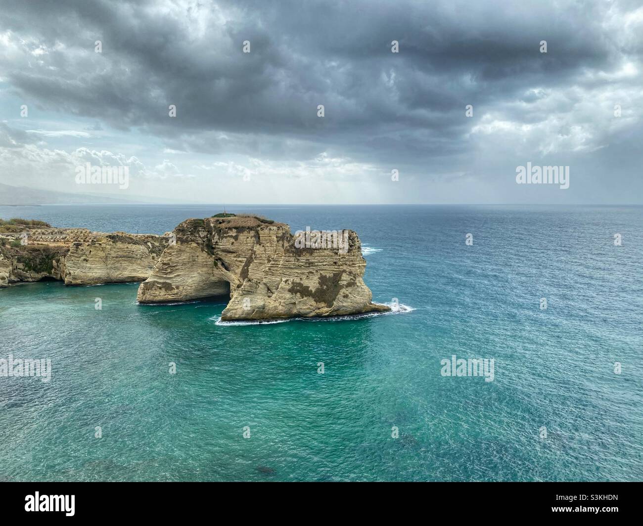 Beirut Lebanon touristic Landmark Pigeon Rock - Rawshe Rock Stock Photo