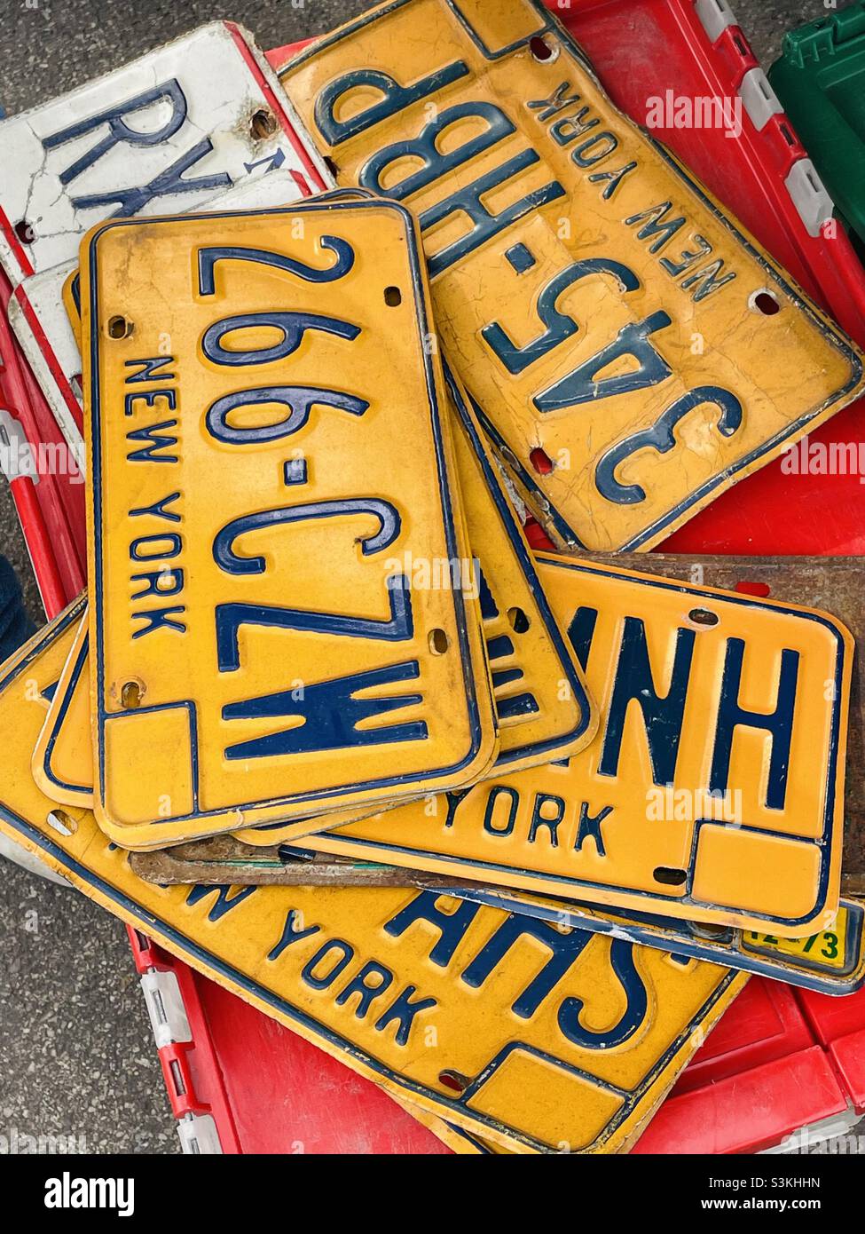 A collection of vintage New York license plates - Smartphone Captured Stock Image